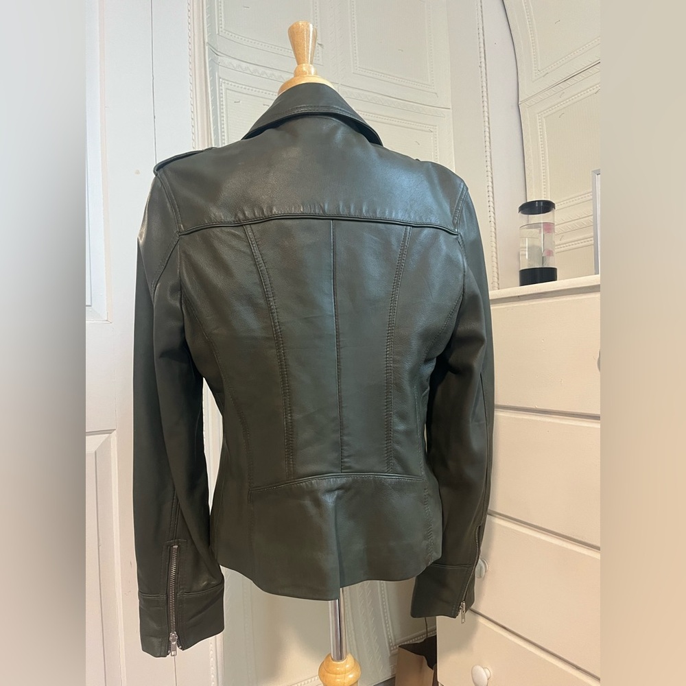 Vintage Forest Green Genuine Leather Moto Jacket Carrie Horton Size 14 - Picture 13 of 15